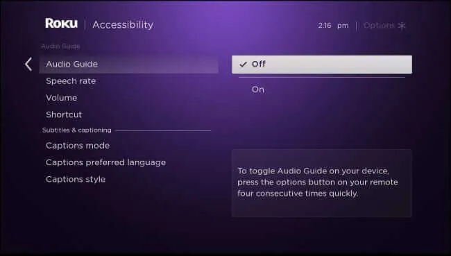 how to turn off voice on roku